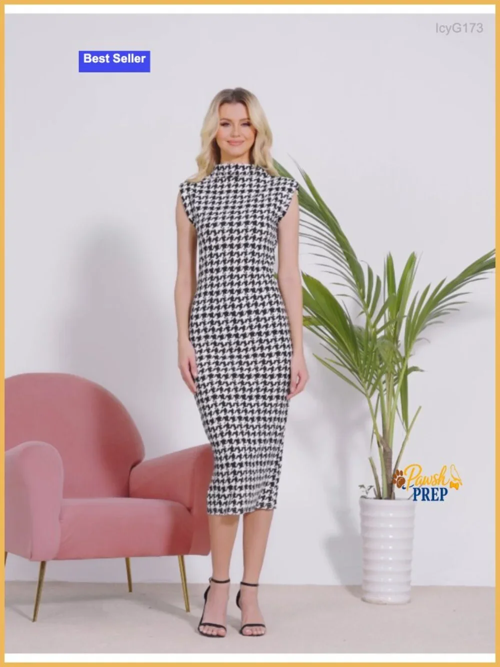 Women's Houndstooth Mock Neck Bodycon Midi Dress with Shoulder Pads